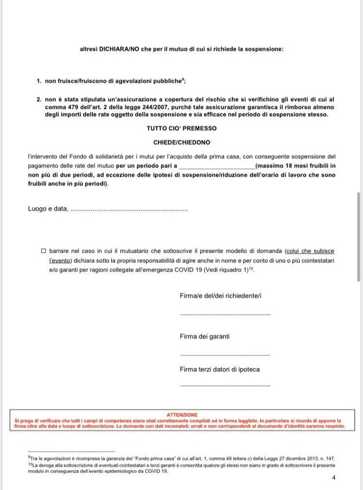 Lettera di richiesta sospensione mutuo